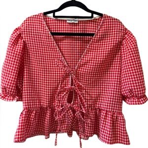 Miss Selfridge Red Gingham Tie-Front Peplum Blouse – Cottagecore / Large